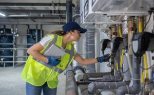 Female maintenance expert examining water heater system