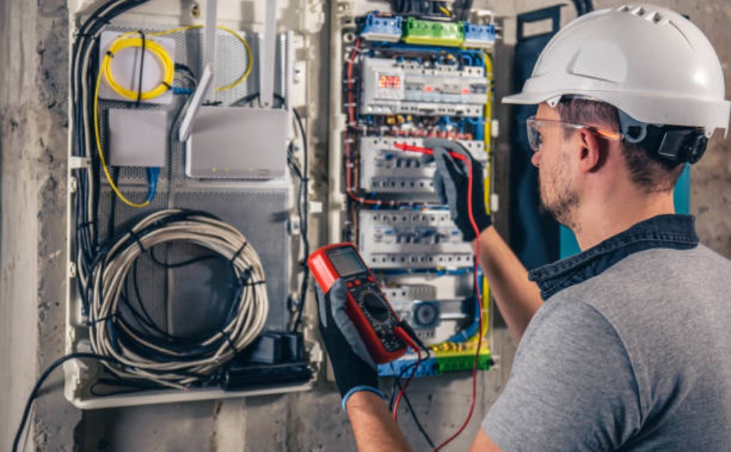 An electrician is fine-tuning a fuse board in a modern switchgear panel