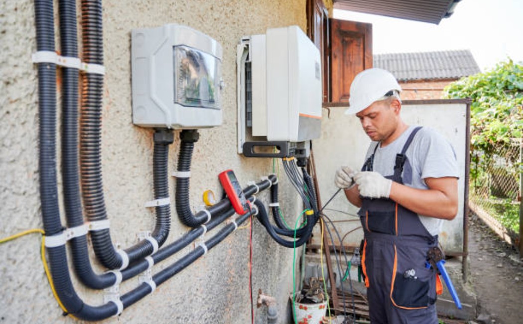 Detailed view of wiring connections on a solar inverter by an electrician