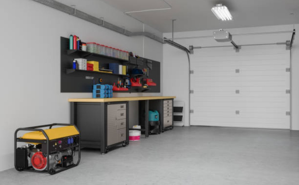 Professional garage workspace with a generator and organized tools