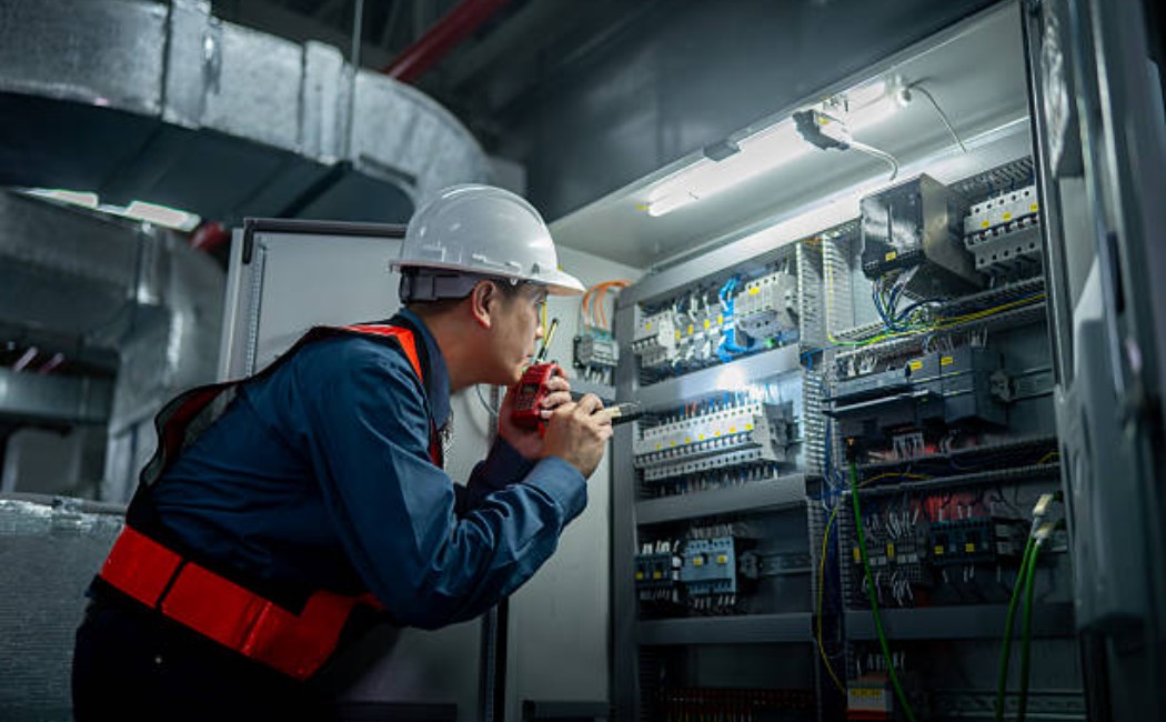 Two industrial technicians are working inside an organized electrical control cabinet.