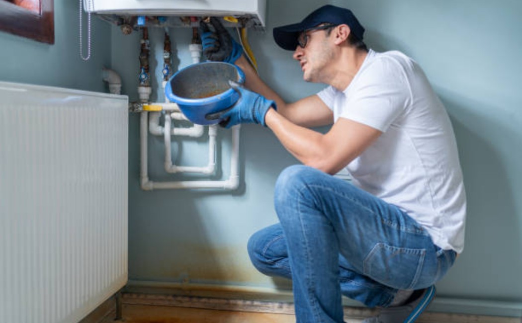 Broken gas boiler panel with exposed wiring and controls.