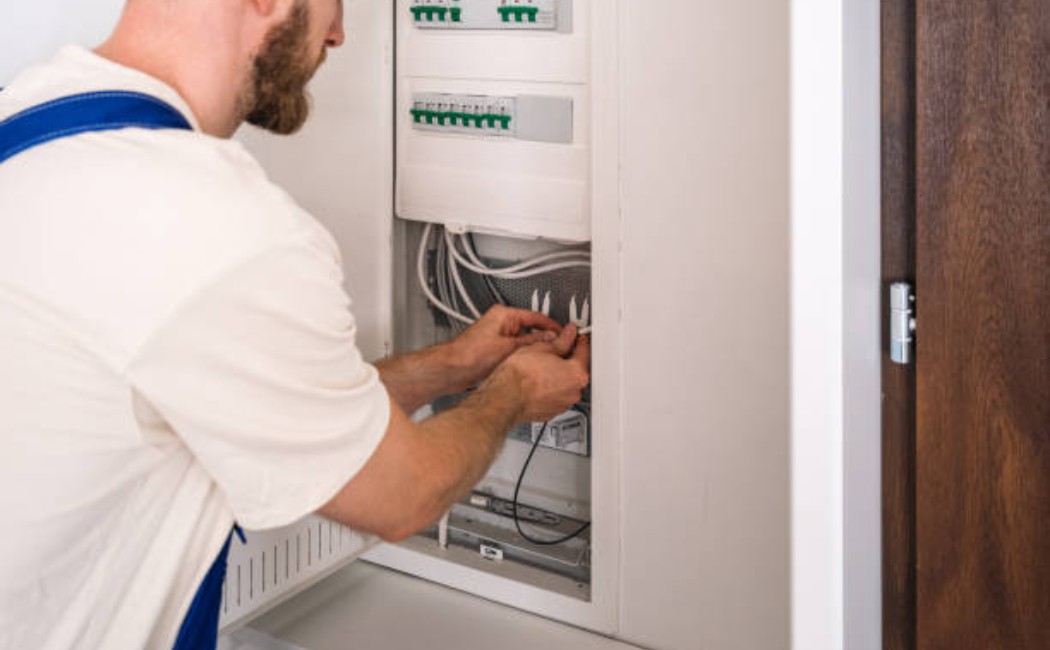 Electrician performing maintenance on a residential electrical panel.