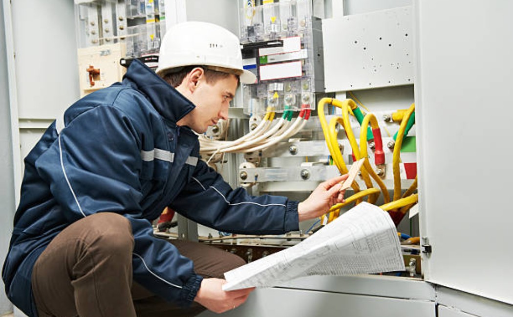 Electrician in safety gear inspecting overhead electrical cables