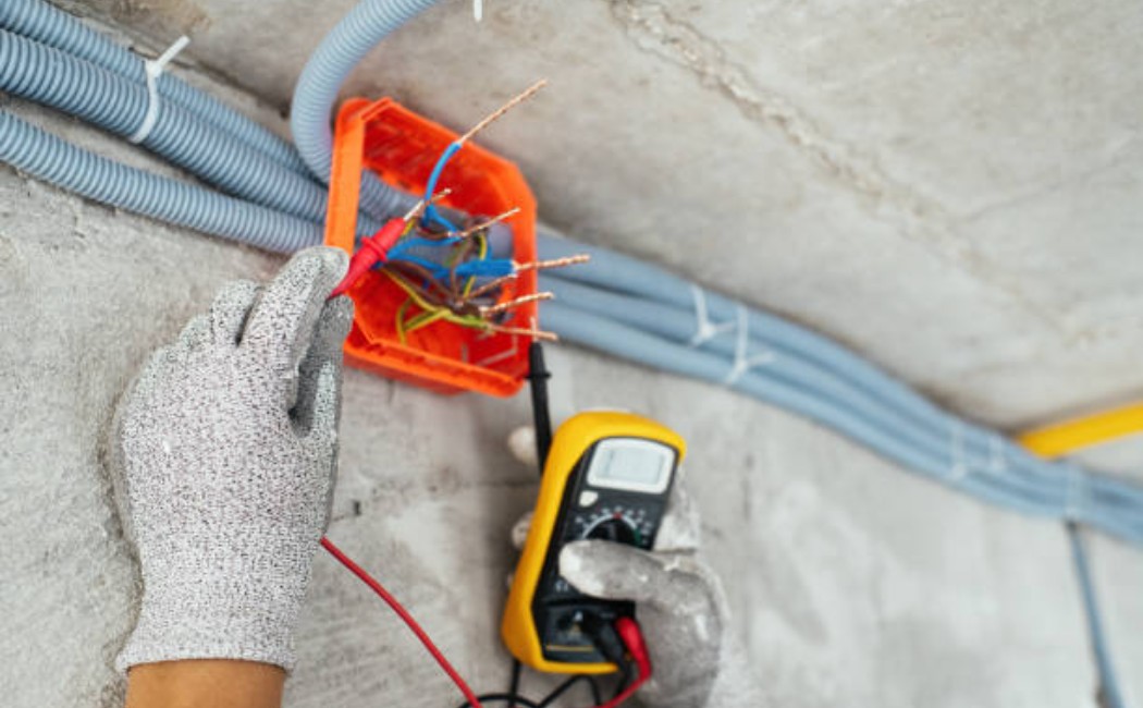 Electrician ensuring safe voltage levels in renovated building wiring