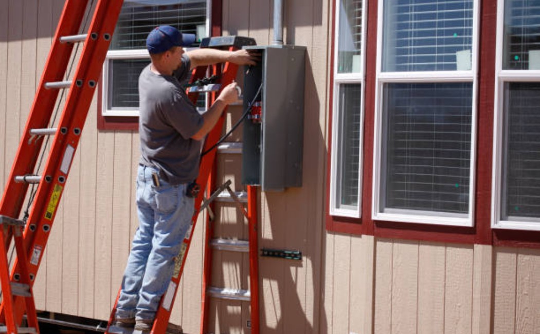 Electrician working on an electrical service panel inside a building