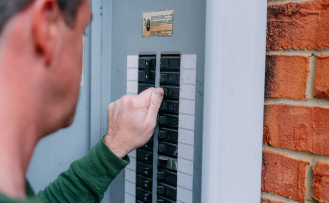 Electrician adjusting circuit breakers on an outdoor panel