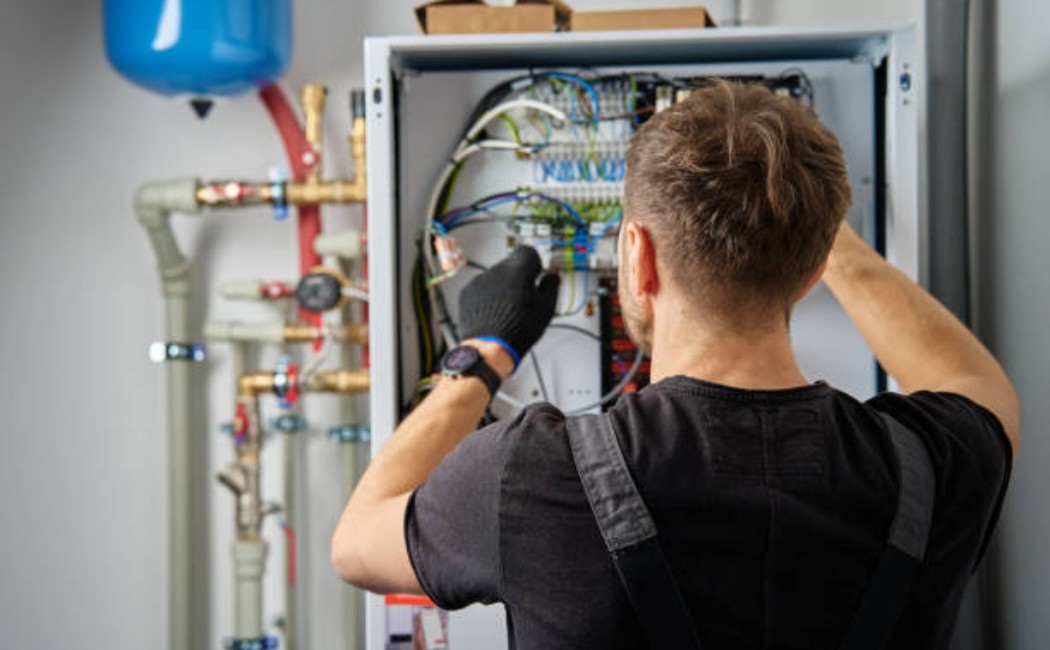 Electrician fixing a heat pump control panel with tools in hand