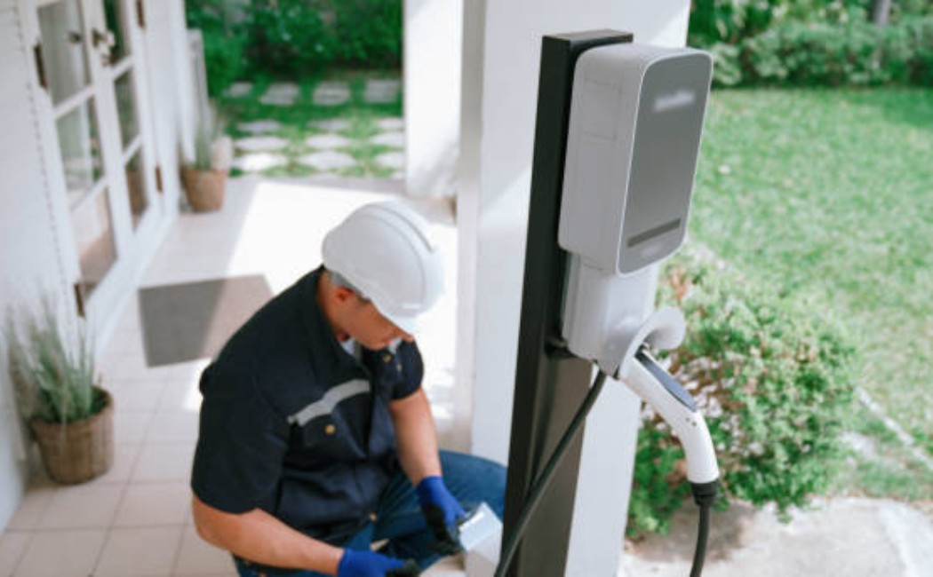 Home EV charger installation with technician tightening cables